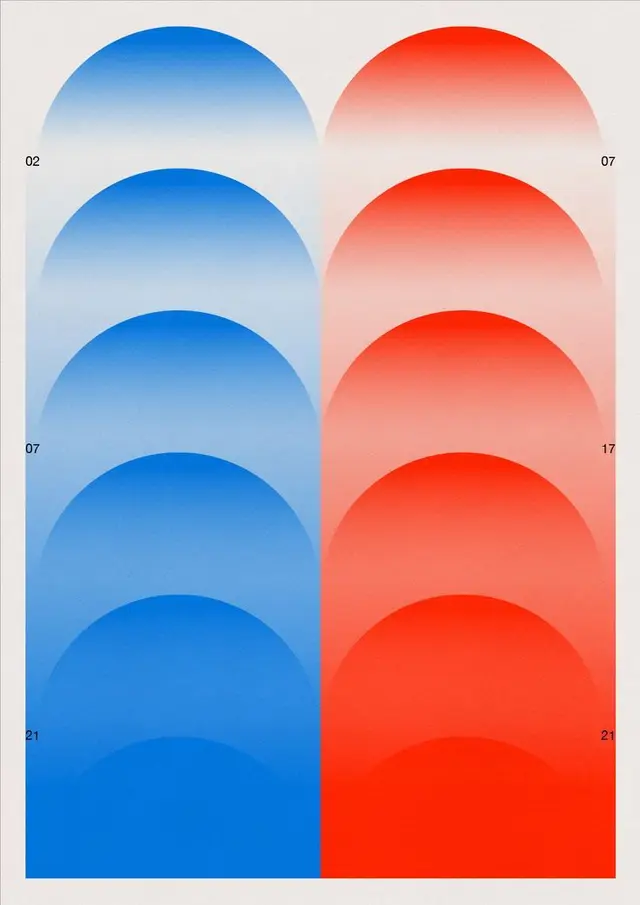Duotone Semi‑Circle Gradient Grid — Blue & Red Minimalist Poster