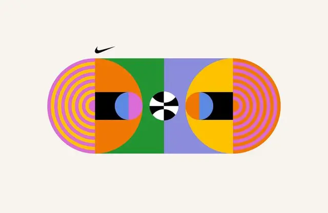 Nike abstract geometric composition with concentric rings and mirrored semicircles