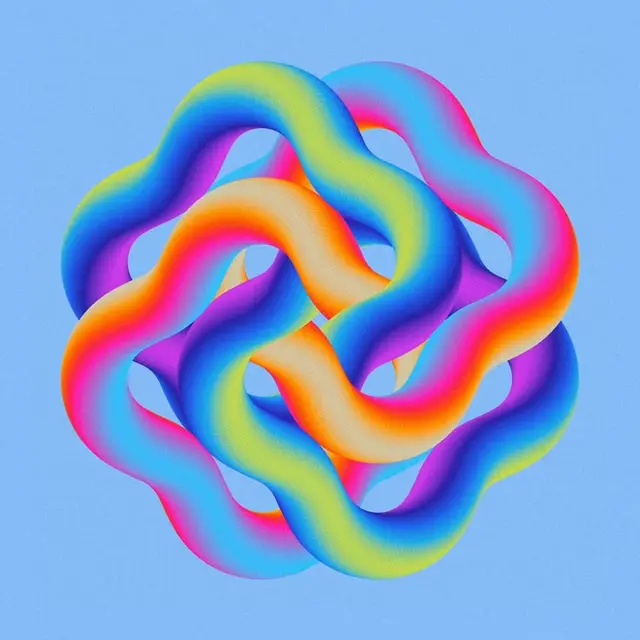 Neon Gradient Interlocking Tubular Knot on Pastel Blue