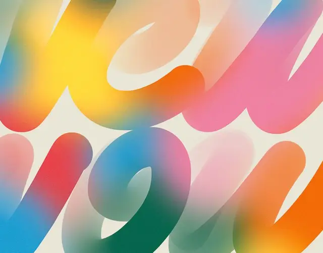 Layered gradient brushstroke lettering — colorful abstract script