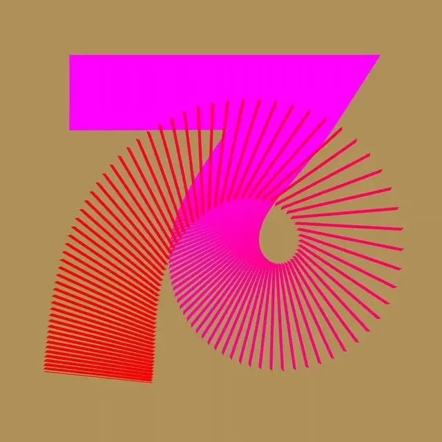 Magenta '7' Composed of Radial Spokes on Mustard Background
