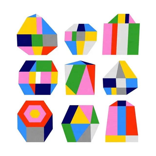 Nine Color-Blocked Geometric Shapes — Paper-Cut Collage Grid