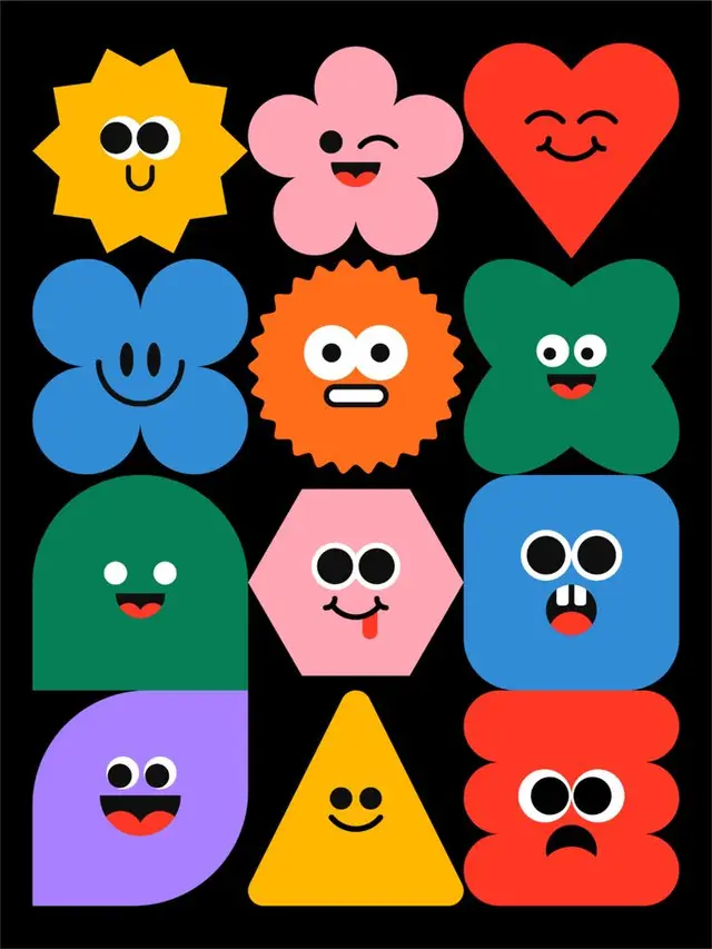Twelve Colorful Geometric Faces — Flat vector grid on black background