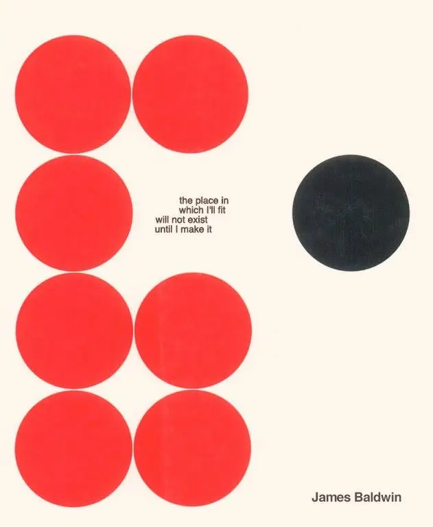 Minimalist James Baldwin quote poster with red and black circles