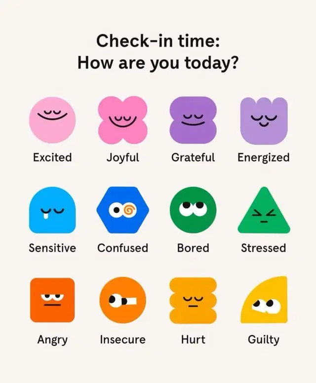 Mood check-in chart — 12 colorful geometric emoticons with emotion labels