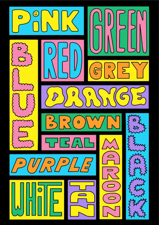 Retro color-name poster with bold black grid and playful type