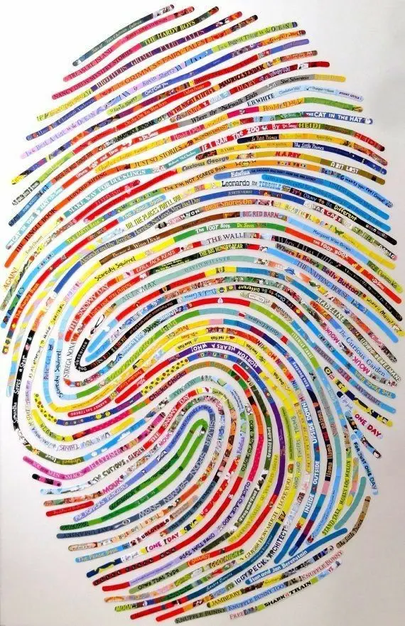 Fingerprint collage made from colorful book-spine strips