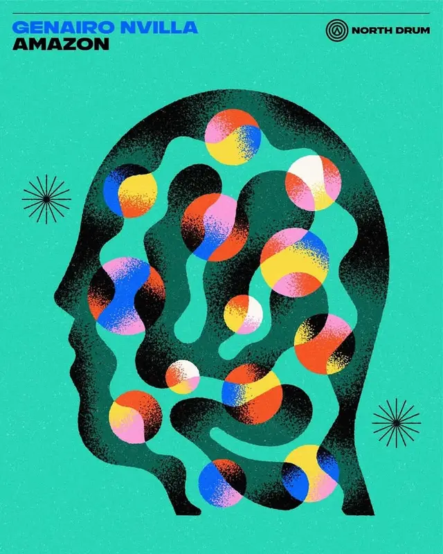 Silhouette Head with Multicolored Halftone Spheres (Turquoise Album Cover)