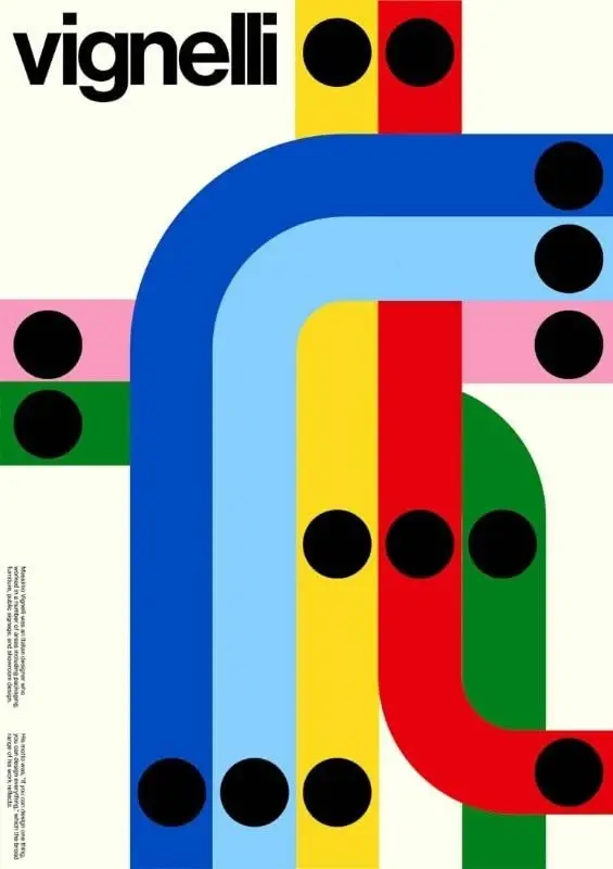 Vignelli poster — multicolored curved bands with black dot motifs