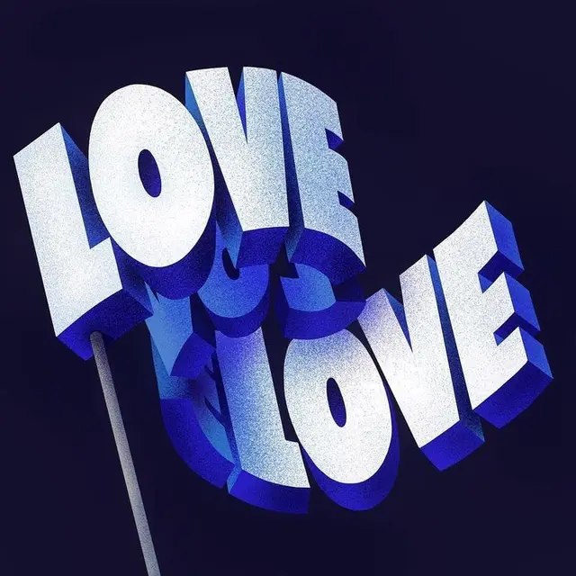 3D "LOVE" typographic poster — white and blue halftone letters on navy