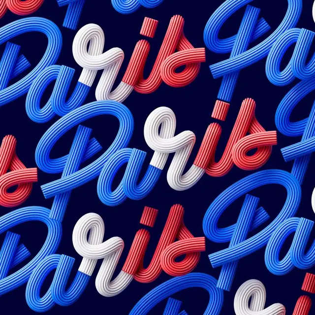 3D Ribbed Script "Paris" Pattern in Red, White & Blue