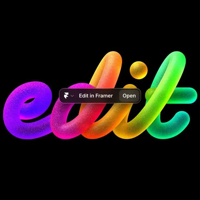 Rainbow 3D foam‑style "edit" typography with Framer button