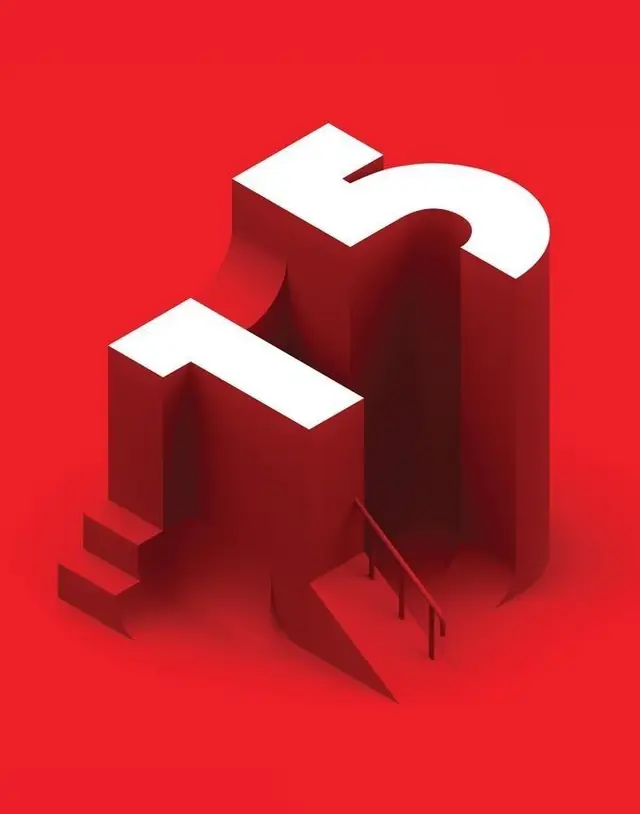 Isometric 3D typographic sculpture of '15' on red field