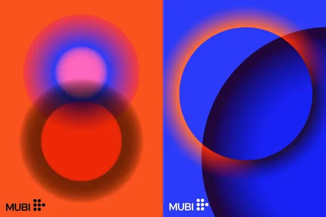 MUBI diptych — overlapping neon circles on orange and blue