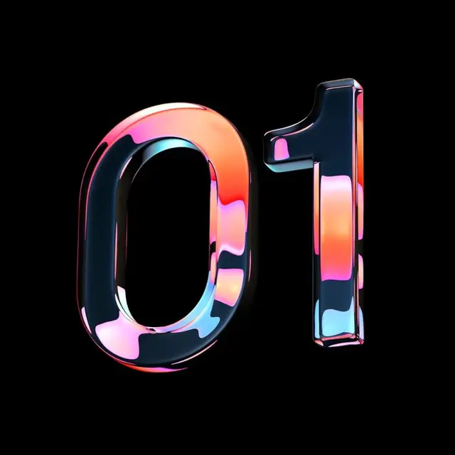 Iridescent Liquid-Chrome Numerals "01" — 3D Typography Render