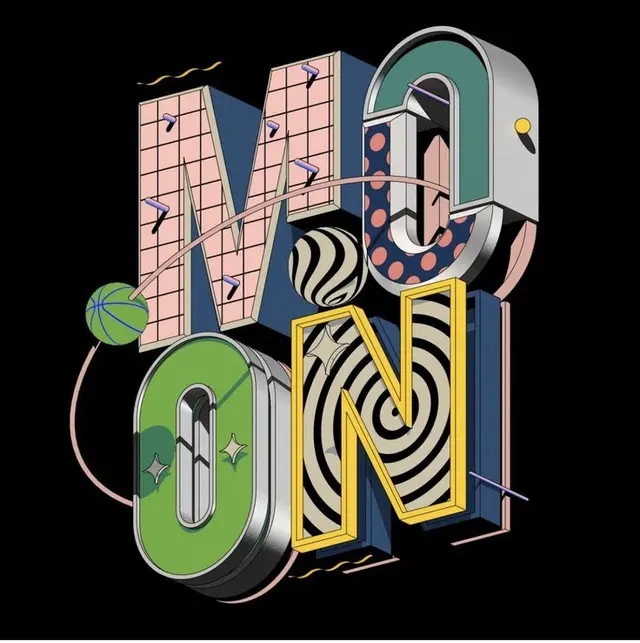 3D "MOON" Typography Illustration with Orbiting Patterned Spheres