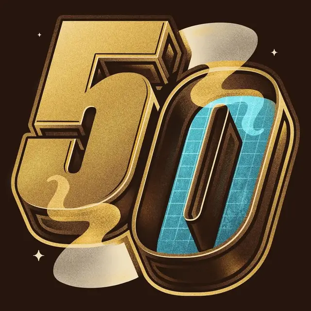 Gold 3D '50' Numeral with Turquoise Grid Inset — Retro Typography Illustration