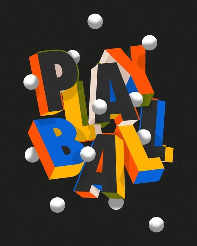 PLAY BALL! — 3D Extruded Typography with Floating White Balls