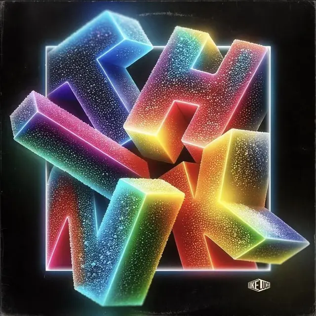 Neon 3D "THINK" typography with frosted particle texture