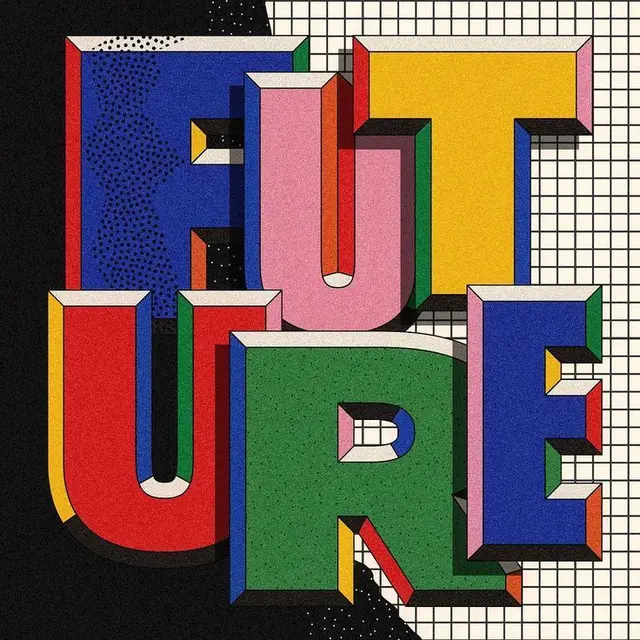 Bold 3D poster: 'FUTURE' in retro Memphis style