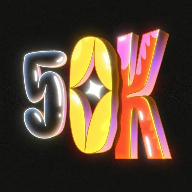 Glossy 3D "50K" milestone badge with neon rim glow