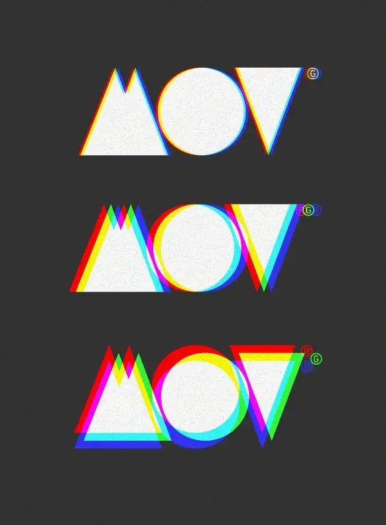 Stacked geometric MOV logo with RGB chromatic-aberration glitch
