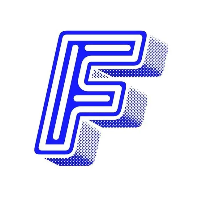 Blue halftone 'F' monogram with offset shadow