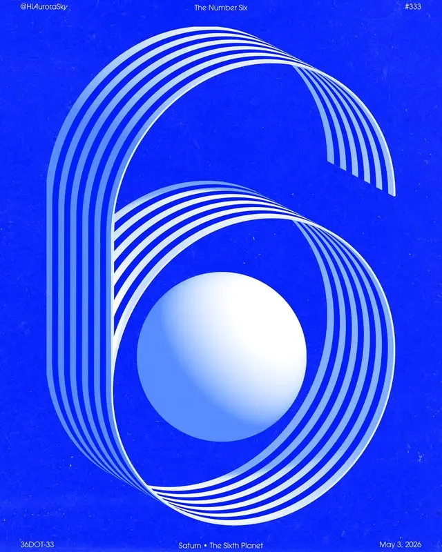 Saturn Poster — Stylized Ribbon '6' on Cobalt Blue