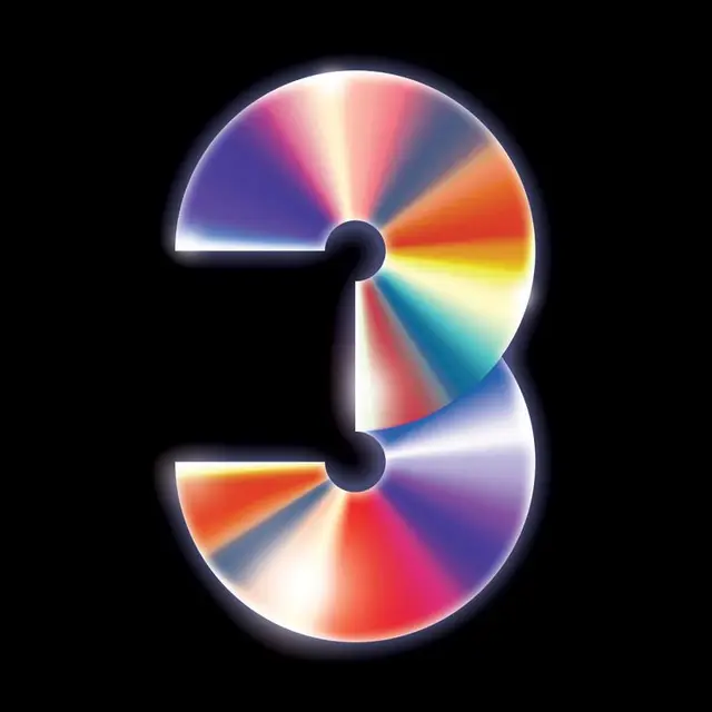 Iridescent holographic numeral 3 on black background