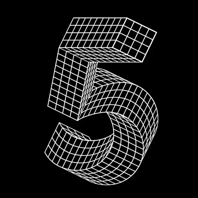 Wireframe 3D Numeral 5 — White Grid on Black