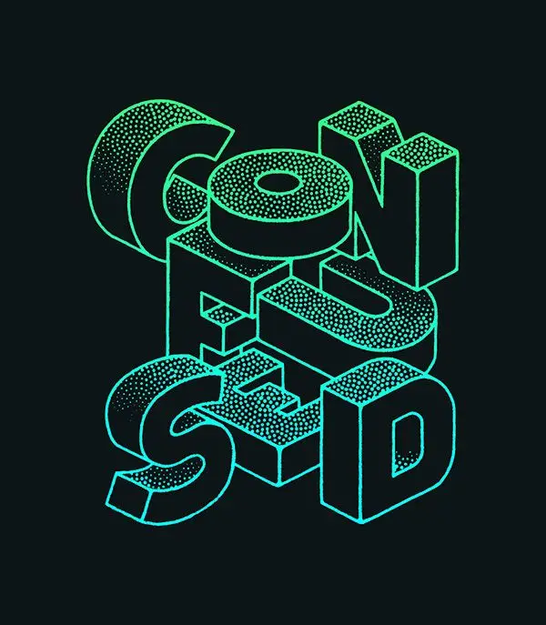 Isometric neon-teal 3D typography poster: "CONFUSED"