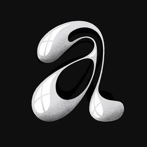 Glossy liquid teardrop forming a stylized lowercase 'a' on black