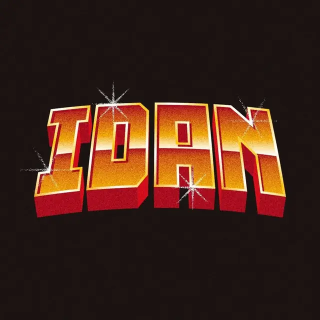 Retro 3D block lettering “IDAN” — yellow-to-red gradient with sparkle highlights