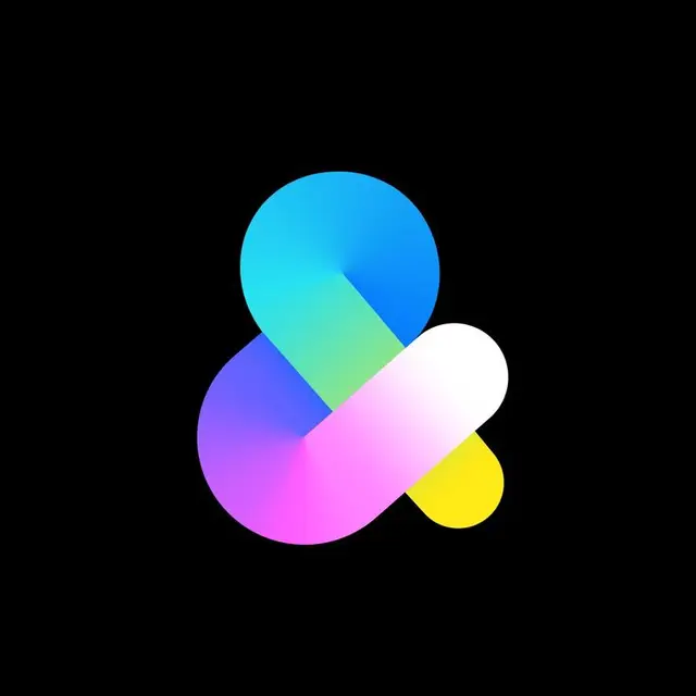 Glossy multicolor ampersand logo on black background