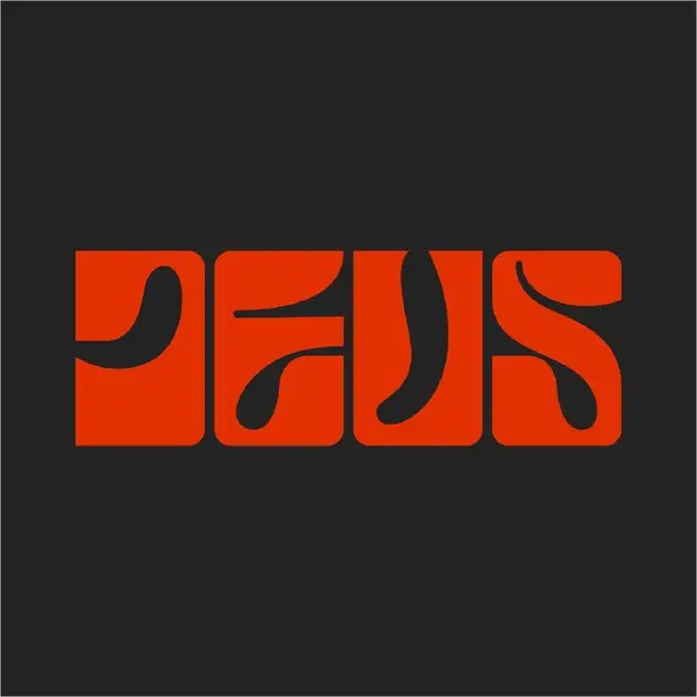 Red negative-space 'DEUS' typographic logo on charcoal background