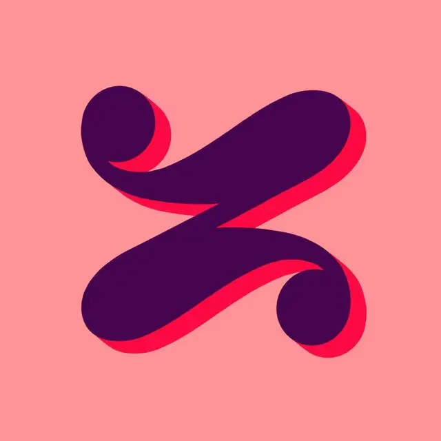 Stylized ribbon 'Z' glyph in deep plum with magenta offset on pastel pink