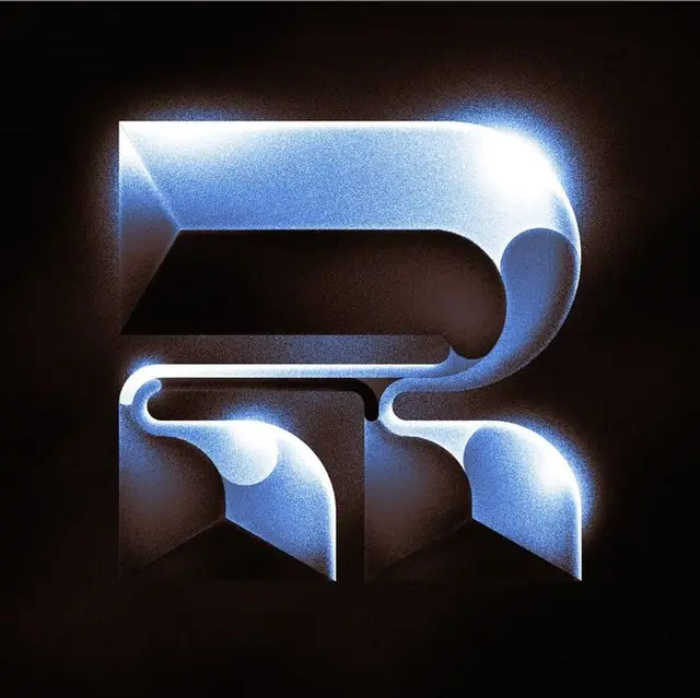 Chrome-blue typographic 'R' — folded ribbon, grainy glow