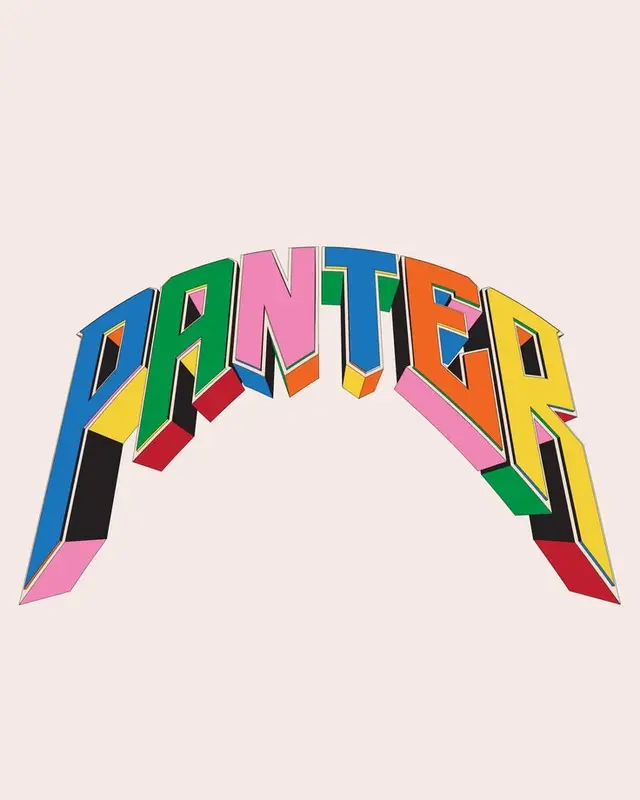 Arched multicolor 3D typography reading "PANTER" on pale pink background