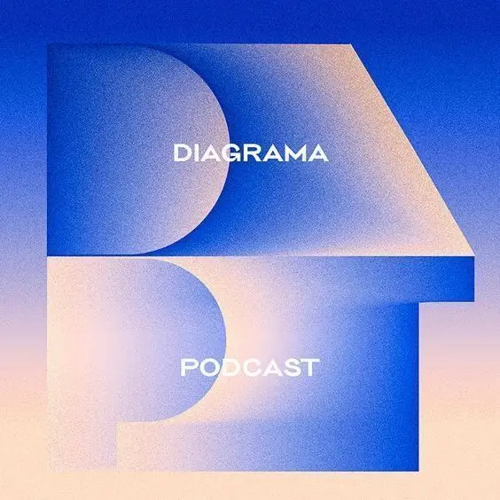 DIAGRAMA — podcast cover art with blue-peach geometric letterforms