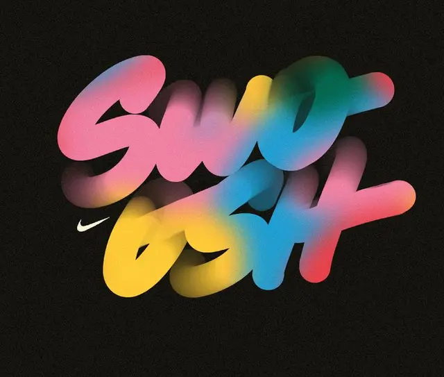 Airbrushed gradient "SWOOSH" lettering with small Nike logo on black