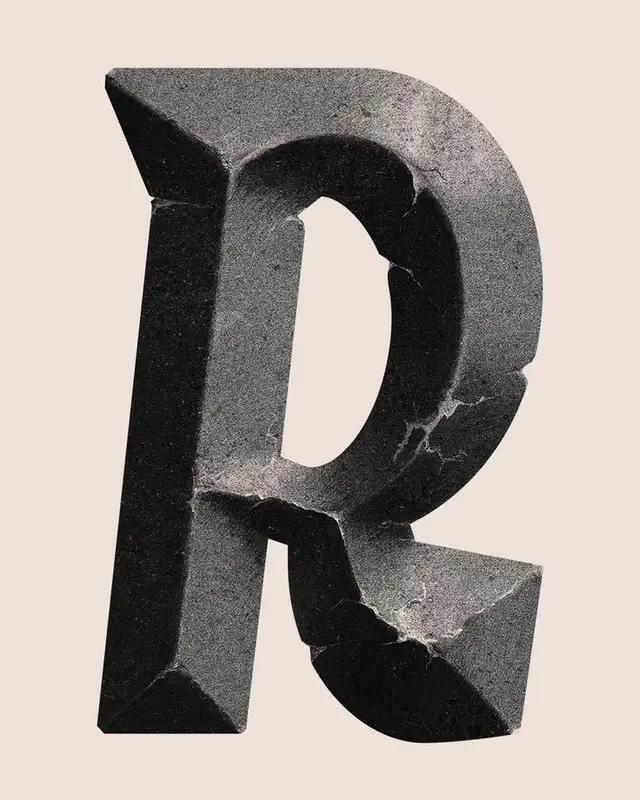 Cracked Stone 3D Letter 'R' — Sculptural Display Typography