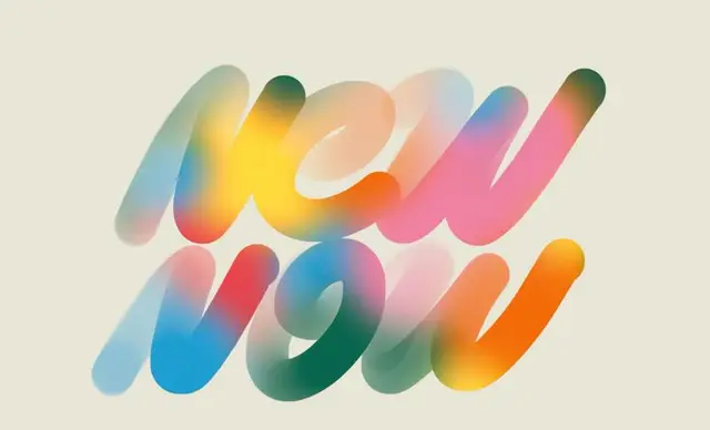 Layered multicolor brush-lettering reading "new now" on cream background