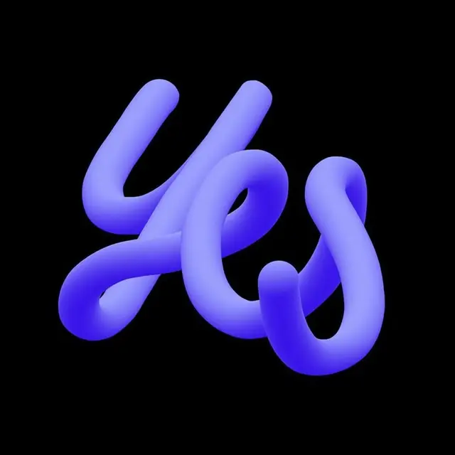 Violet-blue 3D tubular script reading "yes" on black background
