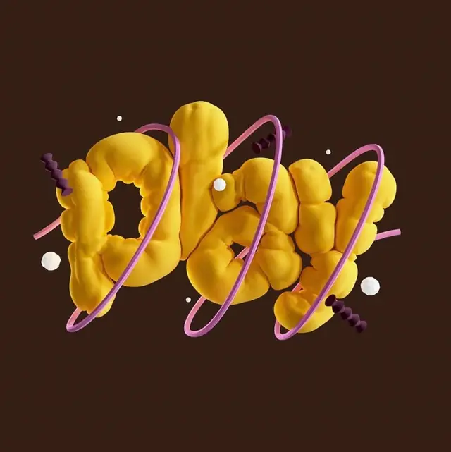 3D yellow bubble letters spelling "play" wrapped by magenta rings on dark brown