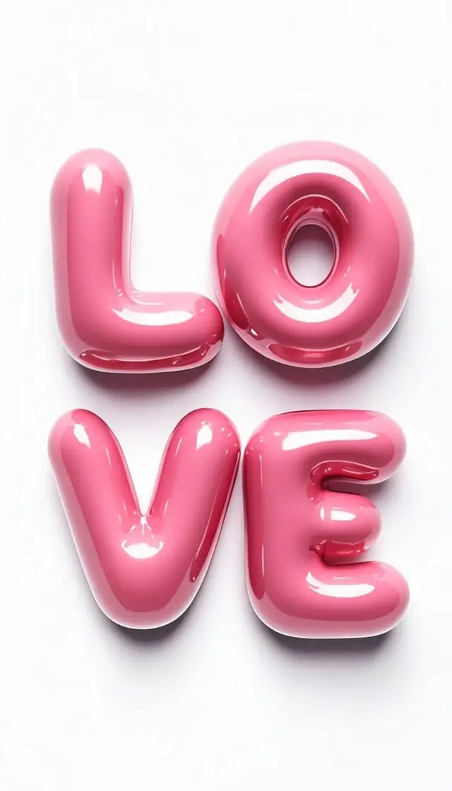 Pink glossy 3D "LOVE" balloon letters on white background