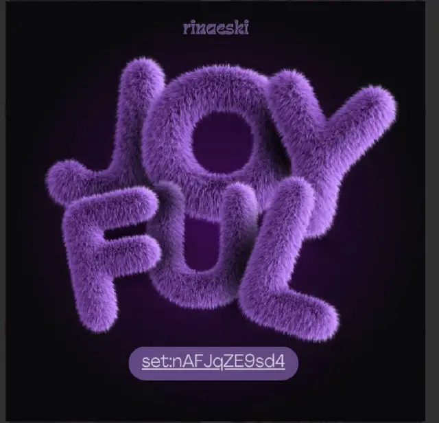 Purple furry 3D 'JOYFUL' lettering on dark gradient