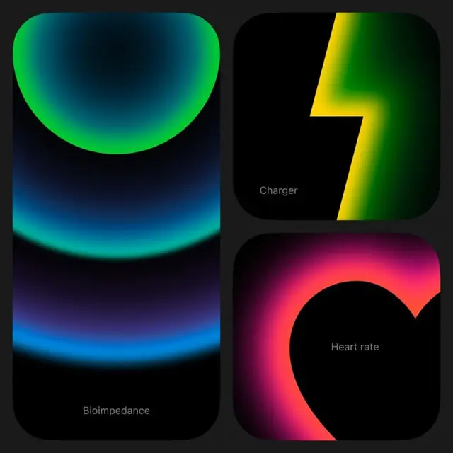 Neon gradient UI tiles — Bioimpedance, Charger, Heart rate