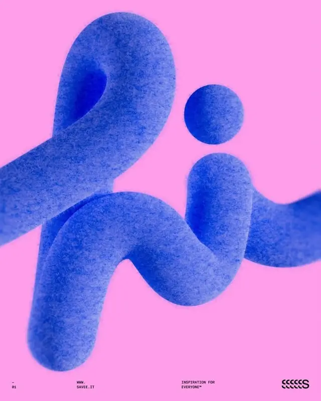 Textured cobalt-blue tubular forms on bubblegum pink poster