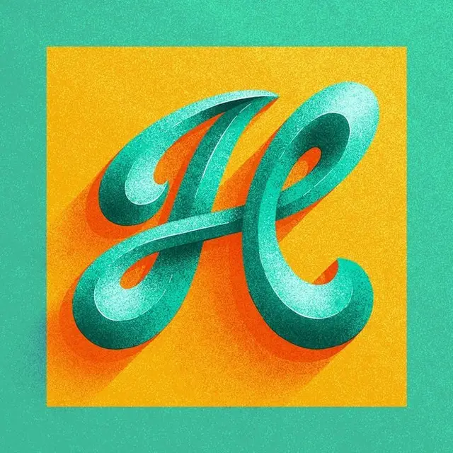 Teal 3D script "He" on textured yellow-orange square