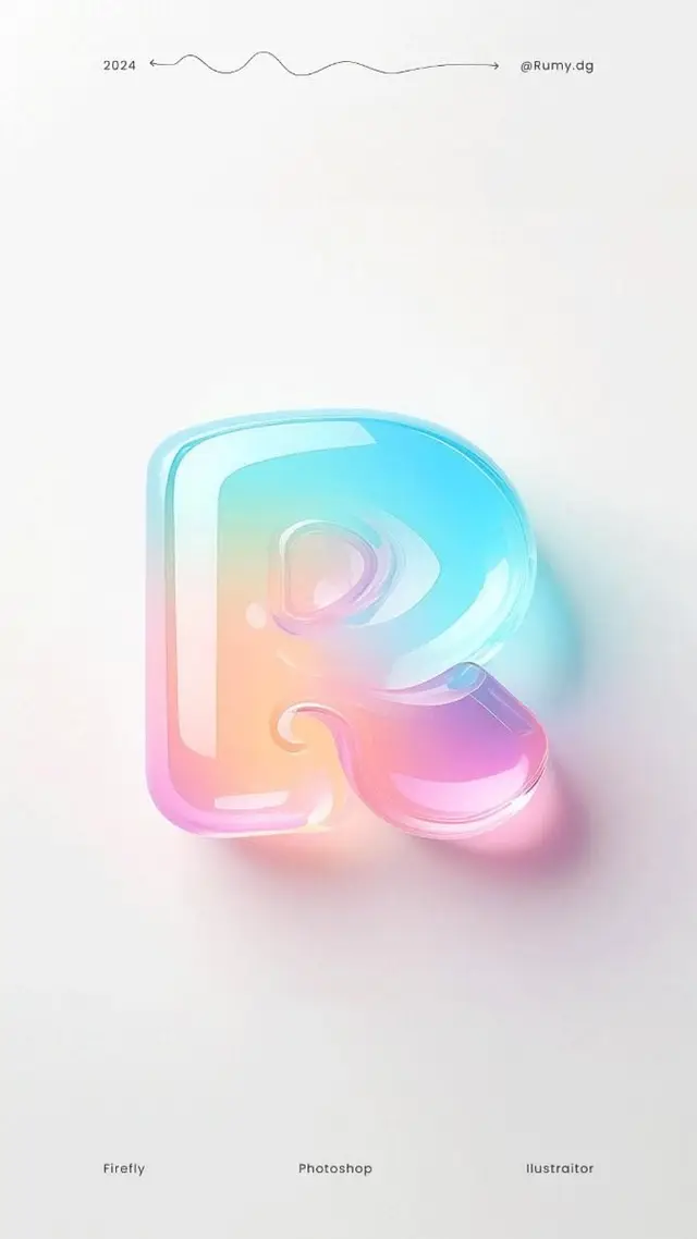 Glassy 3D pastel letter “R” poster with soft shadow (2024, @Rumy.dg)